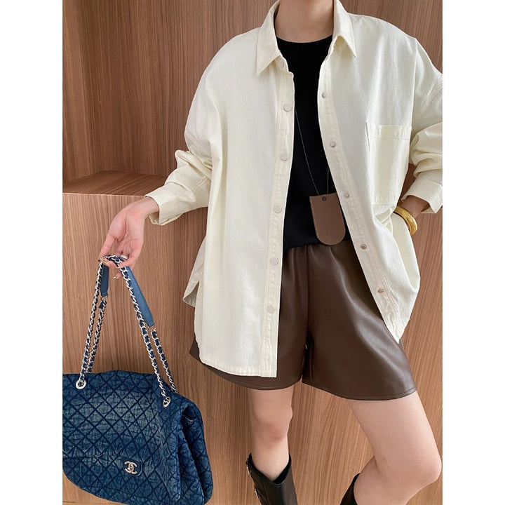 Damen lässige Overshirtjacke mit praktischer Brusttasche und Druckknöpfen Drune