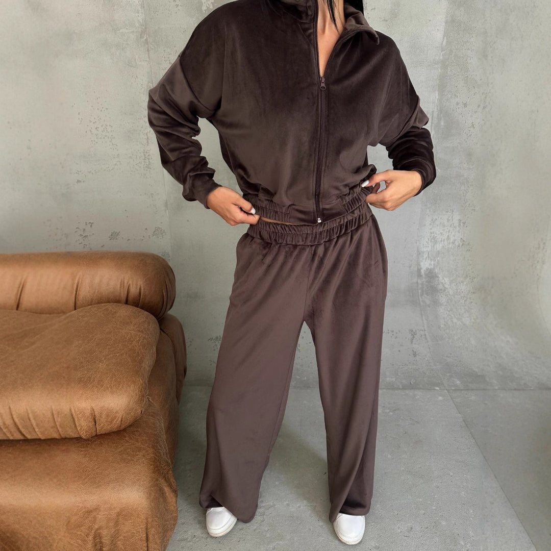 Damen Samt-Loungewear-Set mit kurzem Reißverschluss und geraffter Taillenpartie Drune