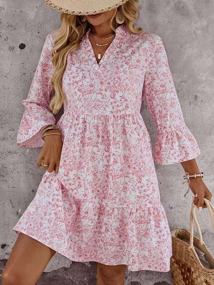 Damen Florales Babydoll-Kleid mit V-Ausschnitt, hohem Empire‑Bund und Glockenärmeln Drune