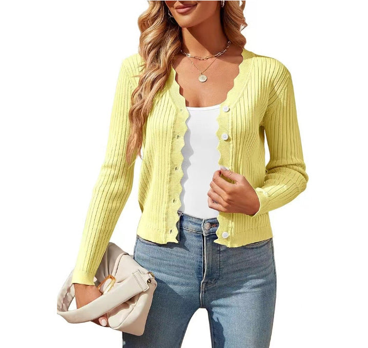 Damen elegante Strickjacke mit Wellenkante Drune