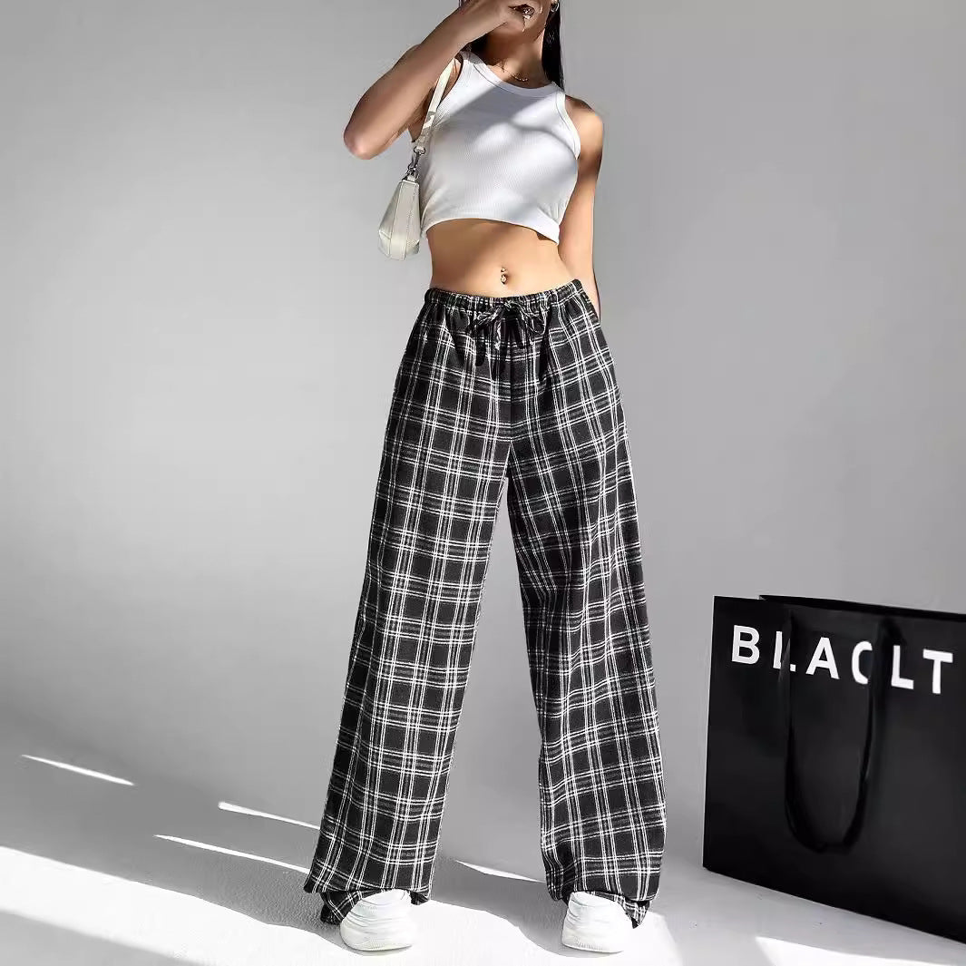 Damen weite Karo-Hose aus angenehmem Baumwollstoff mit Gummibund und seitlichen Taschen Drune