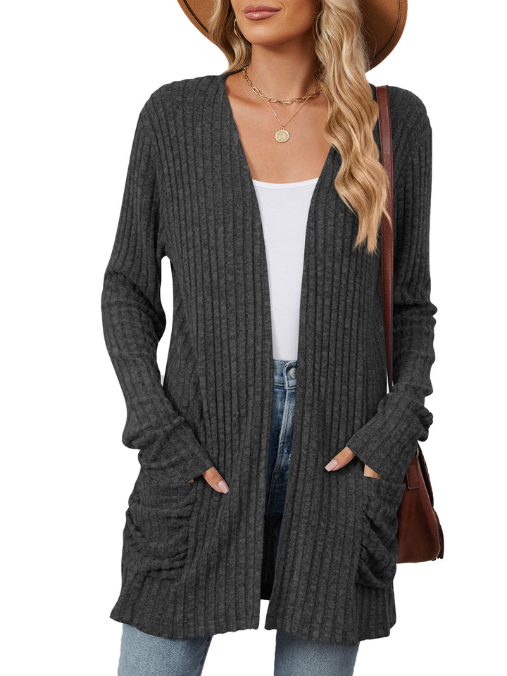 Damen lässige Strickjacke mit Rippstruktur und praktischen Taschen Drune