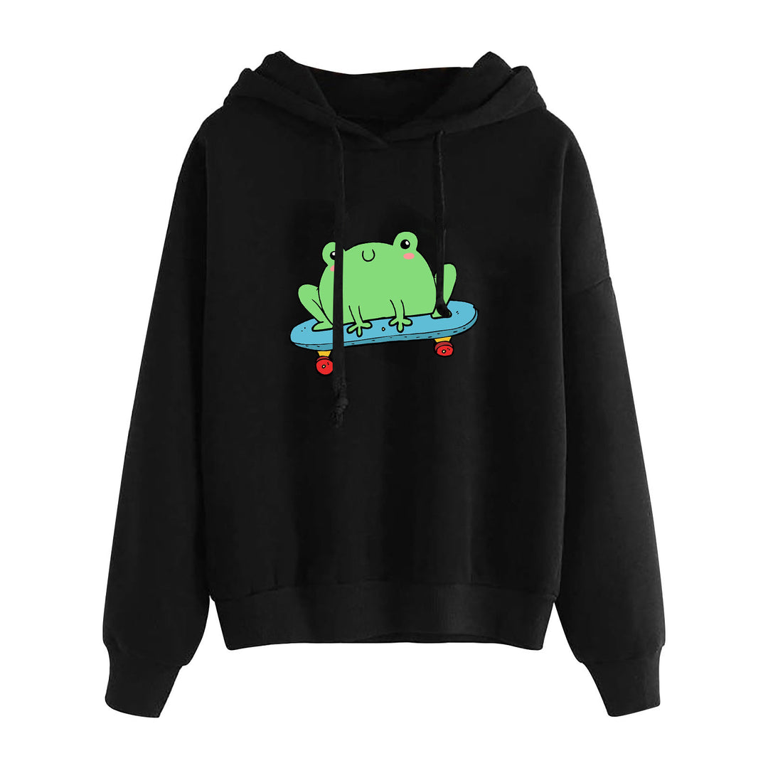 Damen nan kurz geschnittener Cropped-Kapuzenpullover mit niedlicher Frosch-Illustration und verstellbarer Kapuze Drune