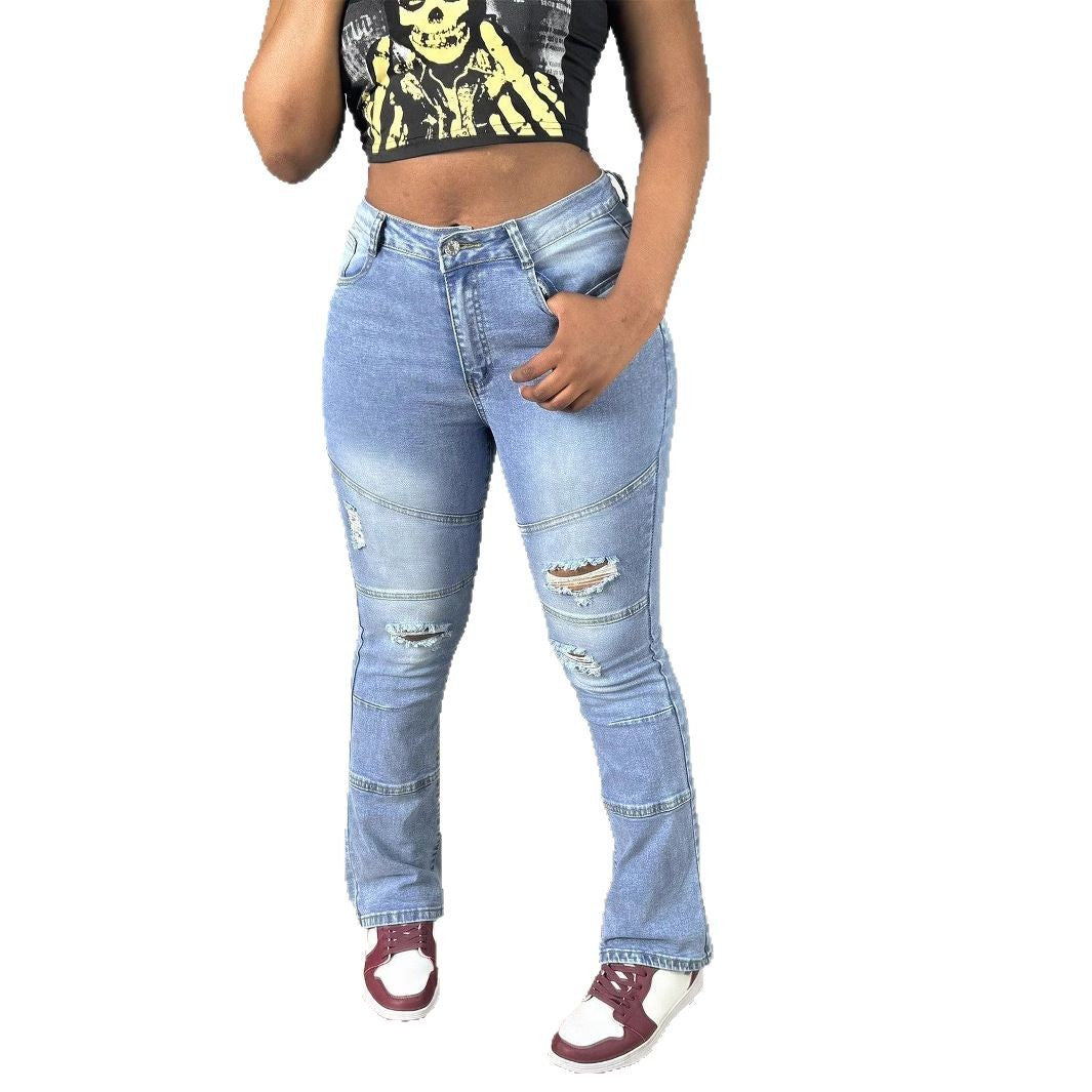 Damen Hochtaillierte Distressed Flared-Jeans mit Paneelnähten Drune