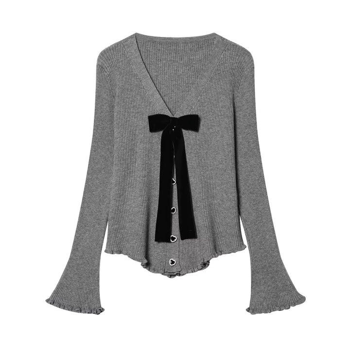 Damen Rippstrick-Cardigan mit V-Ausschnitt, Glockenärmeln, Herzknopfleiste und Samtschleife Drune
