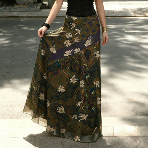 Damen Maxirock im Boho‑Look mit ausgestellter A‑Linie und Paisley‑Floraler Musterung Drune
