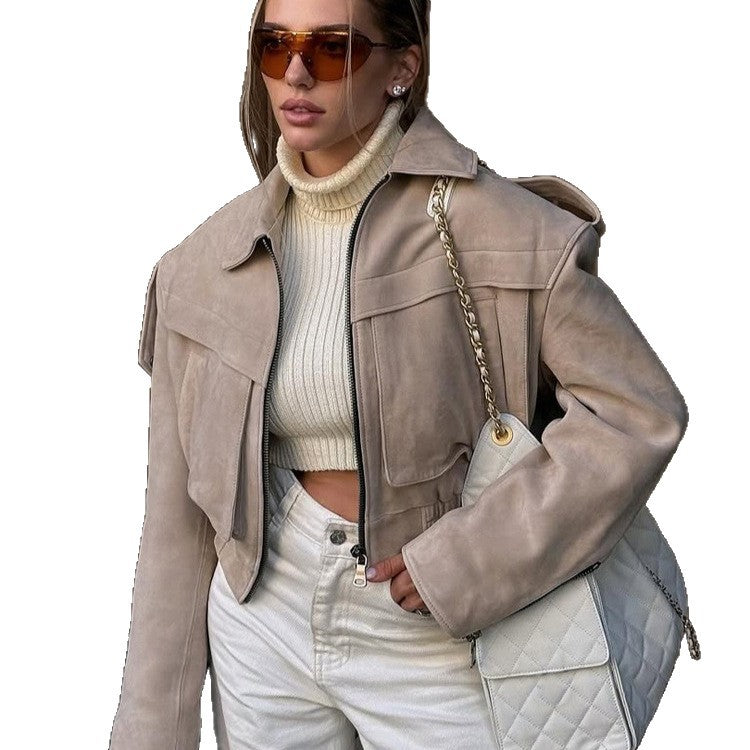 Damen Kurzblouson aus Veloursleder‑Optik mit Oversize‑Schulter und verdecktem Reißverschluss Drune