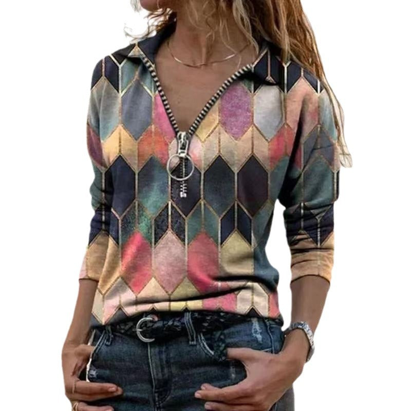 Damen Zip-Pullover mit Polokragen, grafischem Rautenprint und schmaler Passform Drune