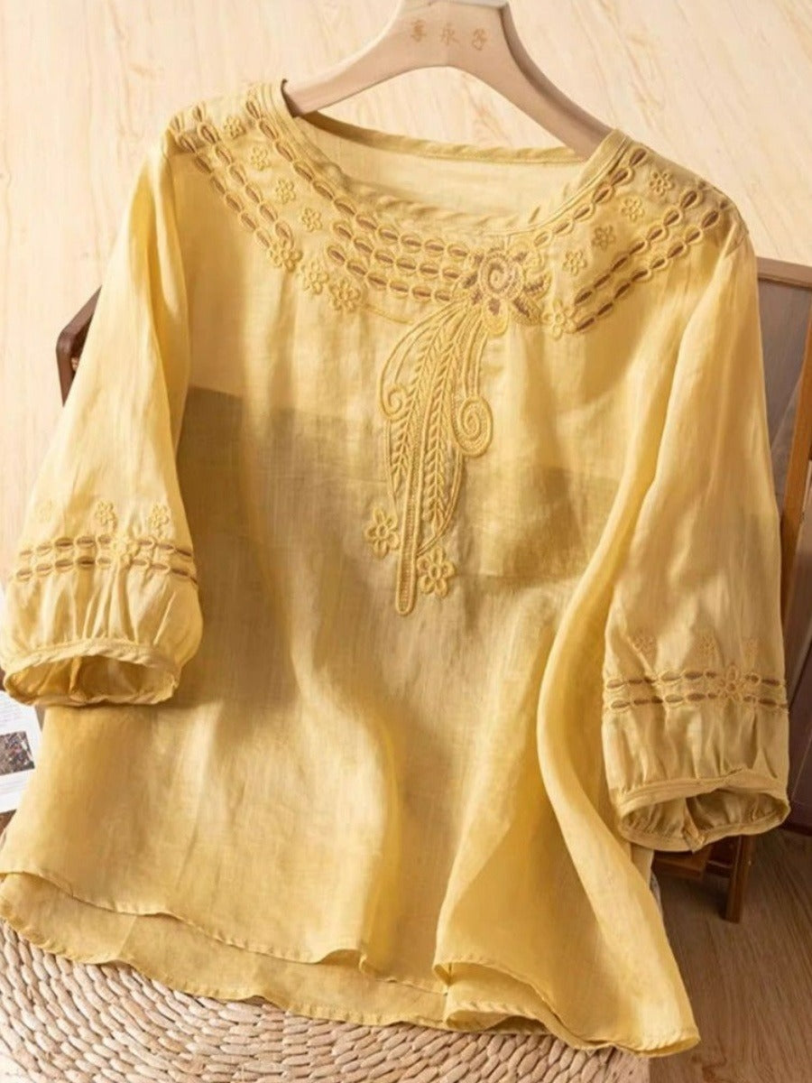 Damen Bestickte Leinenoptik-Bluse mit Rundhalsausschnitt und Dreiviertelärmeln Drune