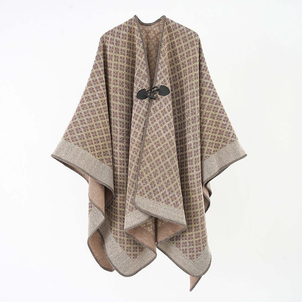 Damen Wollponcho mit geometrischem Karomuster und Knebelverschluss Drune