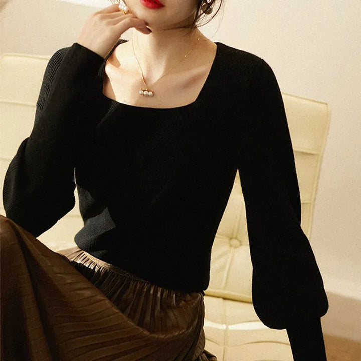Damen eleganter Strickpullover mit schickem Quadrat-Ausschnitt und weitem Schnitt Drune
