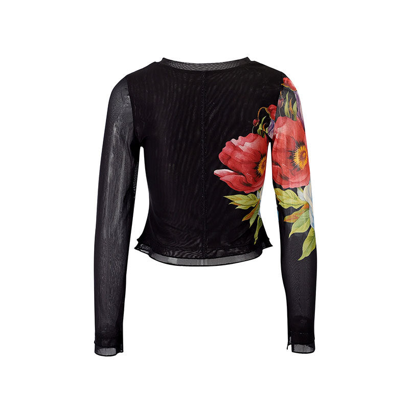 Damen Langarmshirt mit floralem Musterdruck und transparentem Stoff Drune