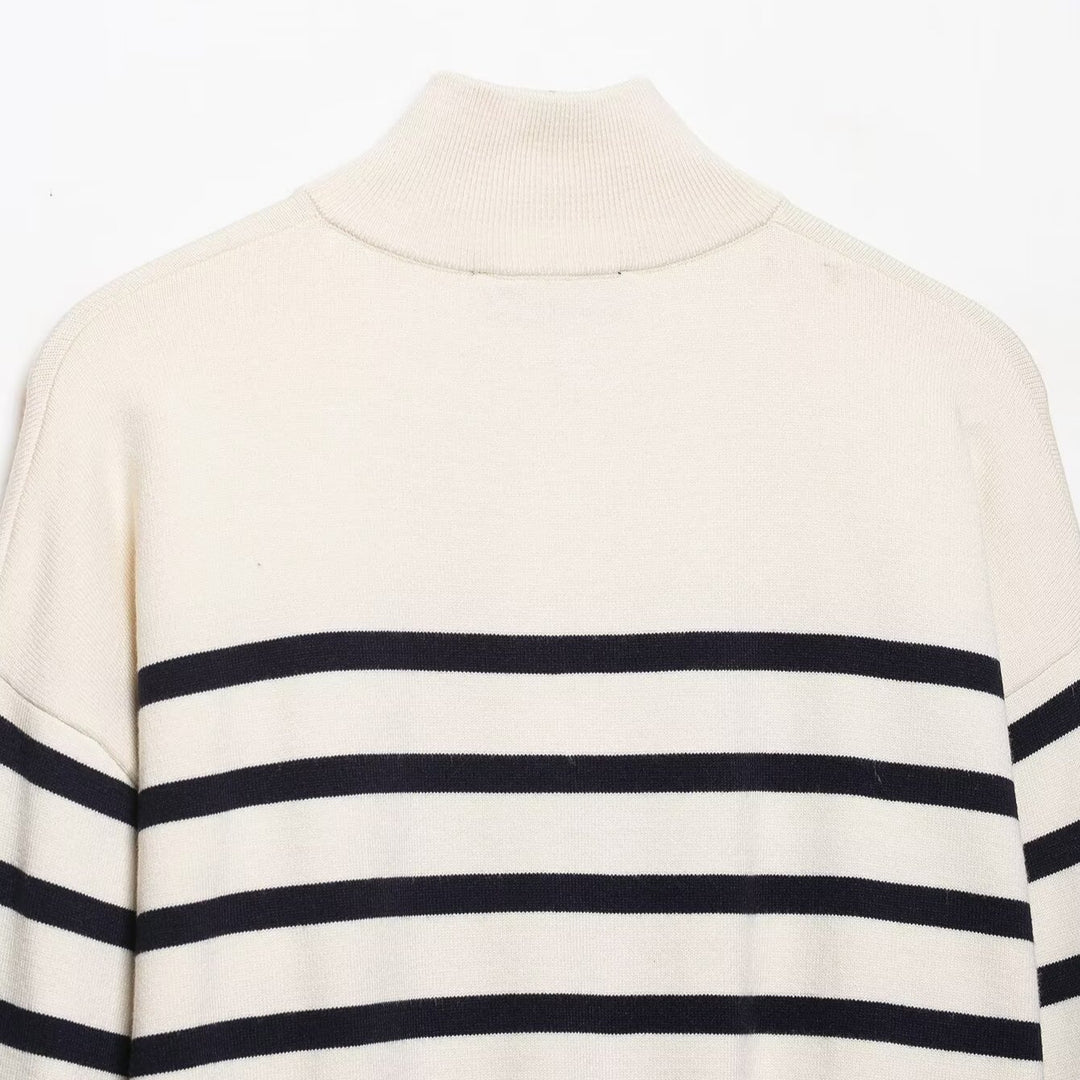 Damen Cropped Boxy Strickpullover mit halbem Reißverschluss, Stehkragen und breiten Streifen Drune