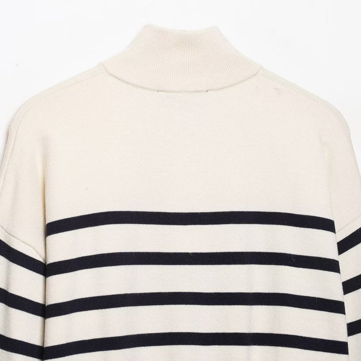 Damen Cropped Boxy Strickpullover mit halbem Reißverschluss, Stehkragen und breiten Streifen Drune