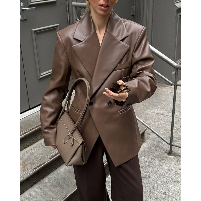 Damen Oversized Blazer aus hochwertigem Kunstleder mit doppelter Knopfverschluss Drune