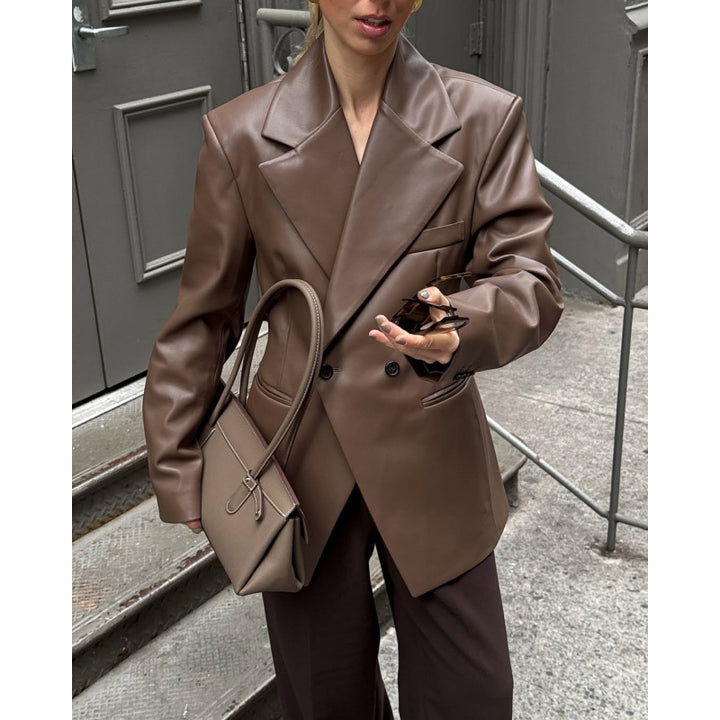 Damen Oversized Blazer aus hochwertigem Kunstleder mit doppelter Knopfverschluss Drune