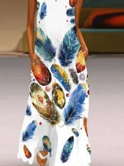 Damen Maxikleid mit bunten Federdruck Drune