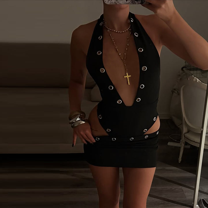 Damen Cut-Out Mini-Kleid mit tiefem V-Ausschnitt und dekorativer Knopfleiste Drune
