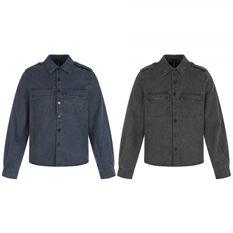Damen Kastenförmige Overshirt-Jacke aus Denim mit Schulterklappen und aufgesetzten Brusttaschen Drune