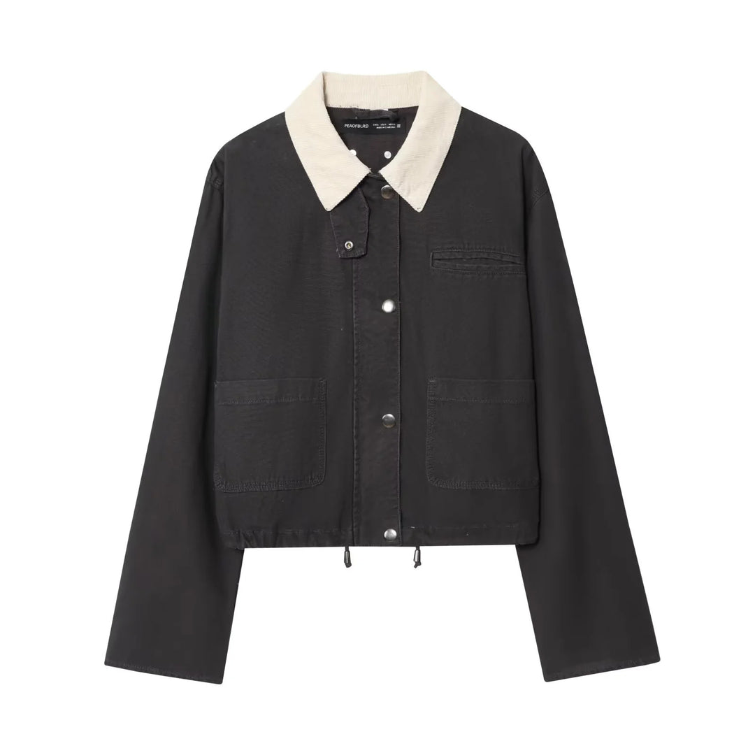 Damen nan kurze Chore‑Jacke mit Cordkragen, Druckknopfleiste und Kordelzugsaum Drune