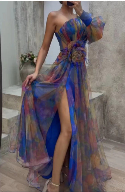 Damen Elegantes Maxi-Kleid mit asymmetrischem Design und floralen Akzenten Drune