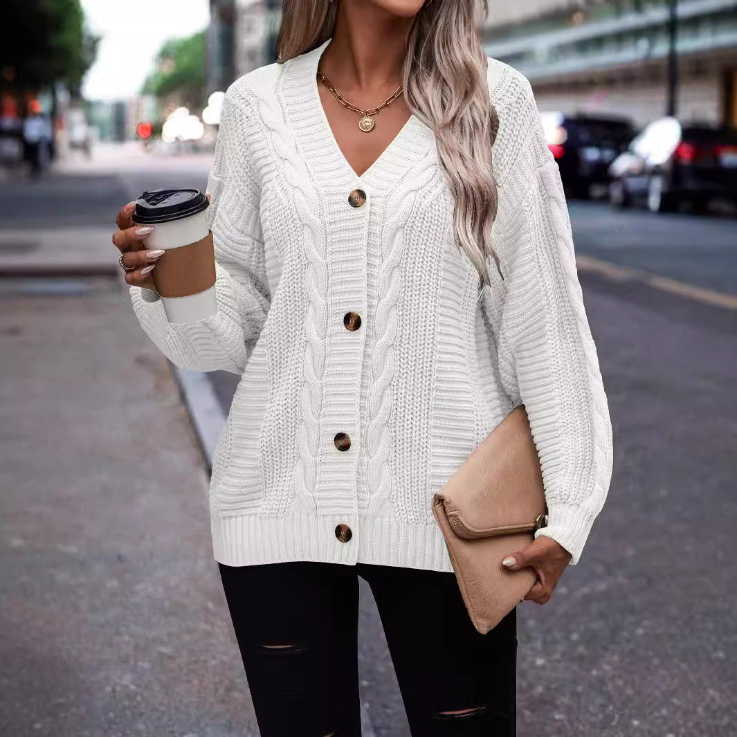 Damen modischer Strickcardigan mit Zopfmuster und Knopfdetail Drune