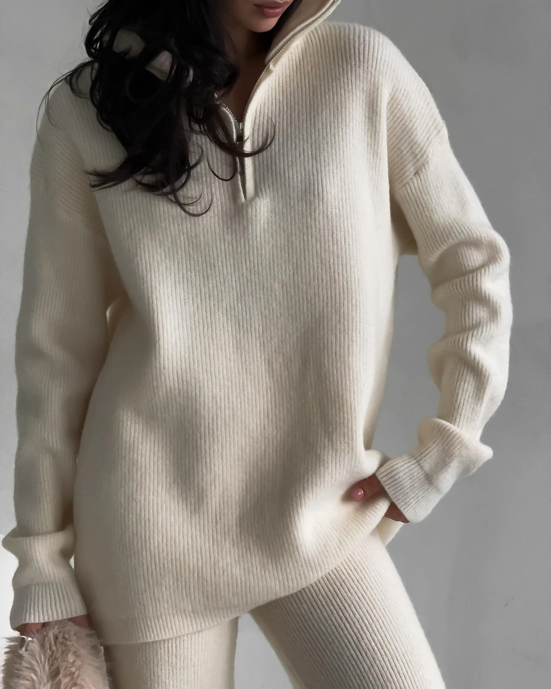 Damen Rippstrick-Loungewear-Set mit Halbzip-Longpullover und High‑Waist-Rippleggings Drune