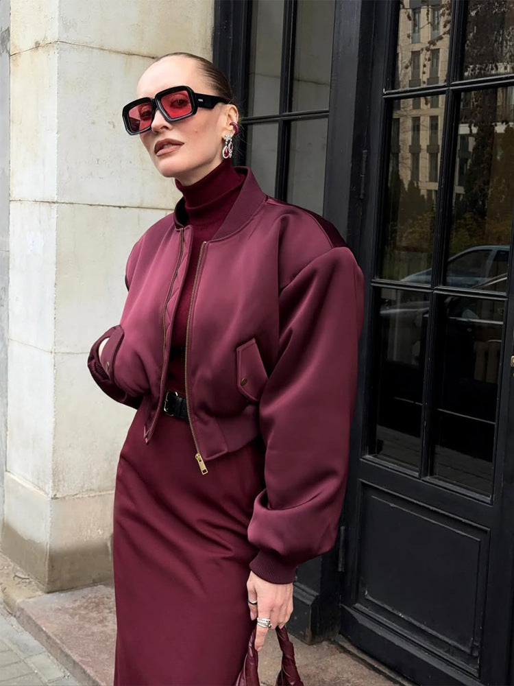 Damen Kurzer Satin‑Bomber mit kastiger Silhouette, Pattentaschen und elastischem Bündchen Drune
