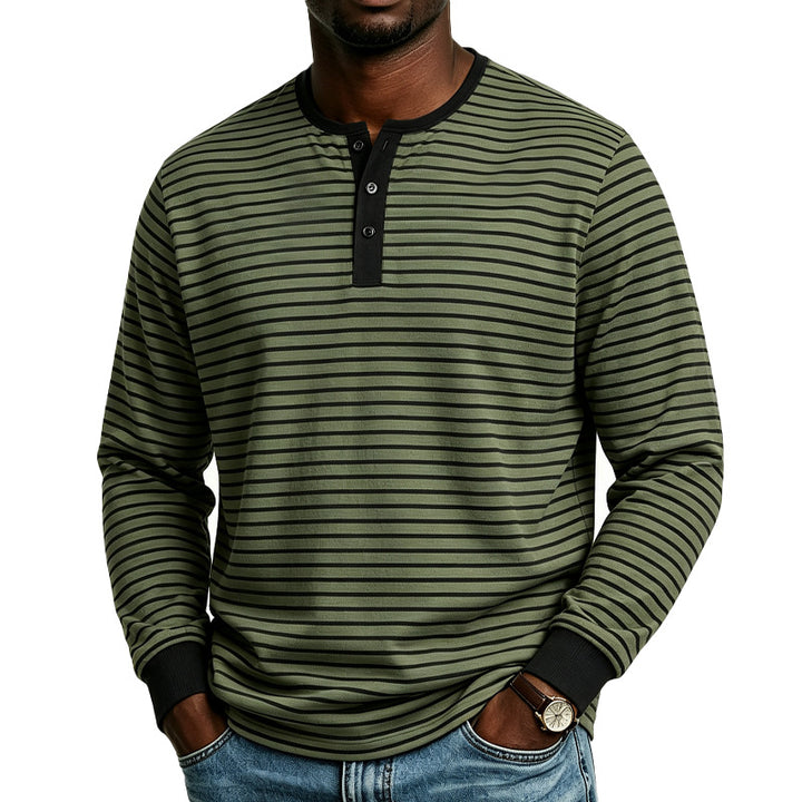 Herren Gestreiftes Langarm-Henleyshirt aus Baumwollmischung mit Knopfleiste Drune