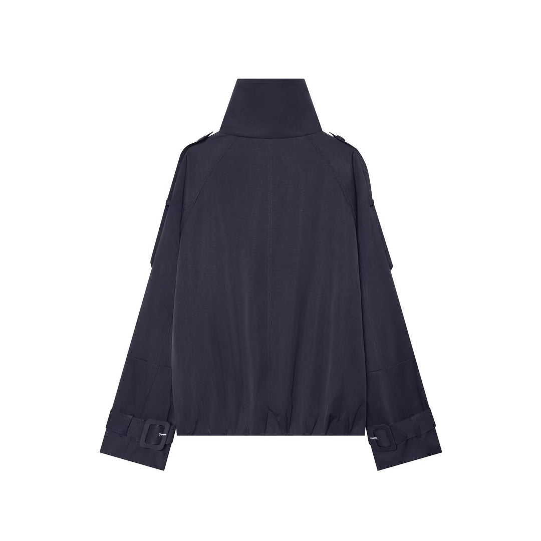 Damen Kurzes Doppelreiher‑Cape‑Trench mit hohem Funnelkragen und Ärmelriemen Drune