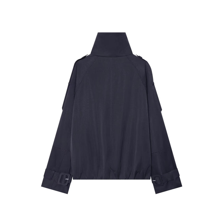 Damen Kurzes Doppelreiher‑Cape‑Trench mit hohem Funnelkragen und Ärmelriemen Drune