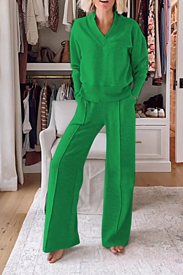 Damen Komfortabler Loungewear-Set mit V-Ausschnitt und weitem Schnitt Drune