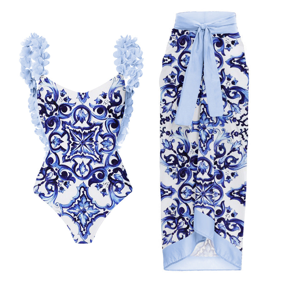 Damen eleganter Badeanzug mit Rüschendetails und passendem Maxirock Drune