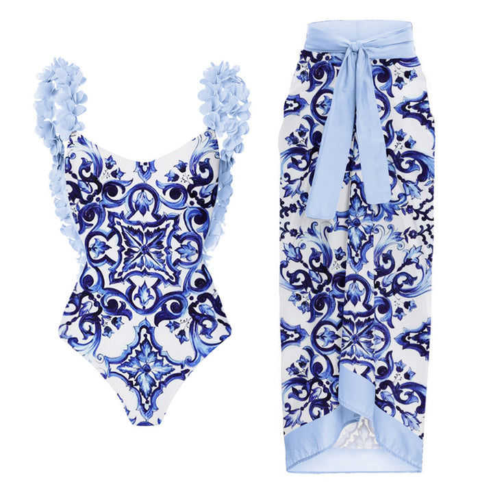 Damen eleganter Badeanzug mit Rüschendetails und passendem Maxirock Drune
