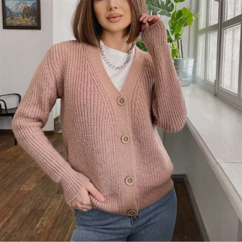 Damen Boxy-Grobstrick-Cardigan mit tiefer V-Leiste, Holzknopfverschluss und geripptem Saum Drune