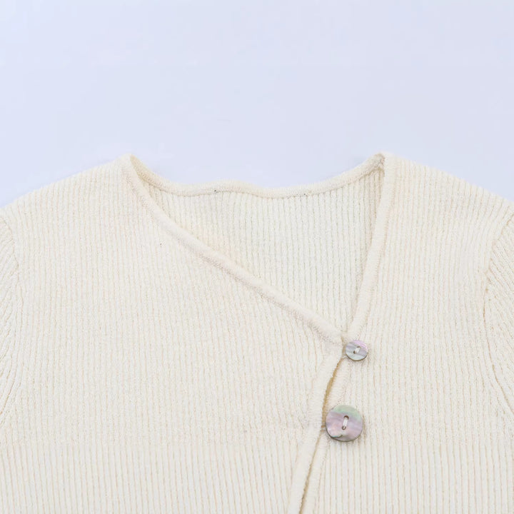 Damen Asymmetrischer Feinstrick-Cardigan mit Perlmuttknöpfen und gerippter Struktur Drune