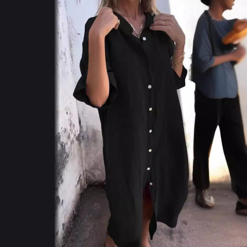 Drune | Lockere lässige Baumwolle-Leinen Hemdkleid mit halben Ärmeln