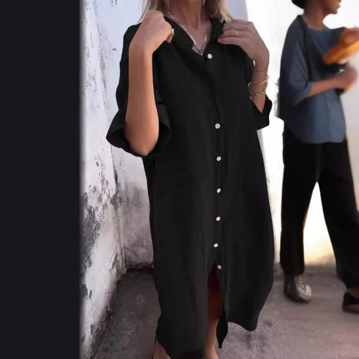 Drune | Lockere lässige Baumwolle-Leinen Hemdkleid mit halben Ärmeln