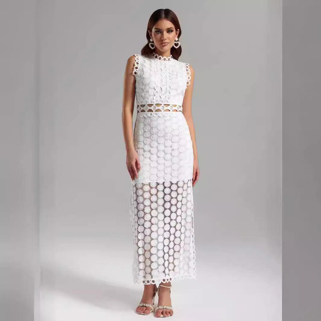 Damen Spitzen Maxikleid mit dekorativen Ausschnitten und elegantem Ansatz Drune