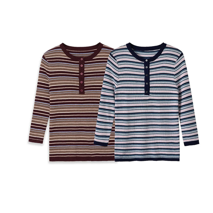 Damen Feinstrick-Henleyshirt mit feiner Streifenstruktur und Knopfblende Drune