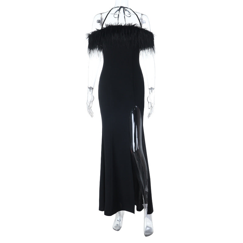 Damen Elegantes Maxikleid mit federgeschmücktem Oberteil und seitlichem Schlitz Drune
