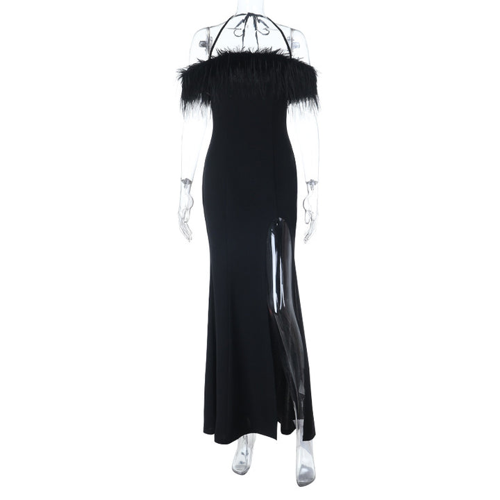 Damen Elegantes Maxikleid mit federgeschmücktem Oberteil und seitlichem Schlitz Drune