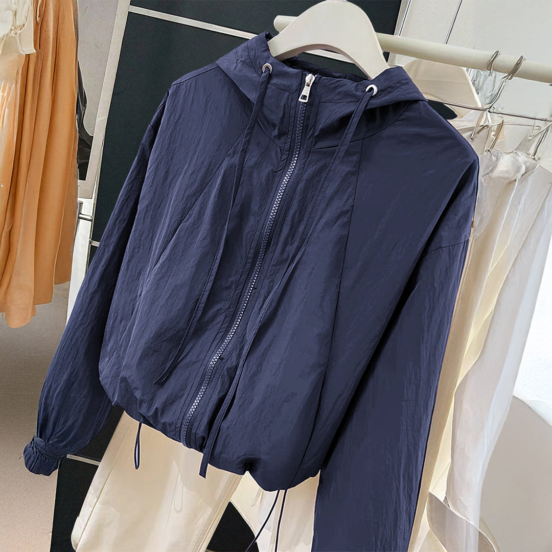 Damen nan leichtgewichtige Kapuzen-Übergangsjacke mit Tunnelzugbündchen und Ballonärmeln Drune