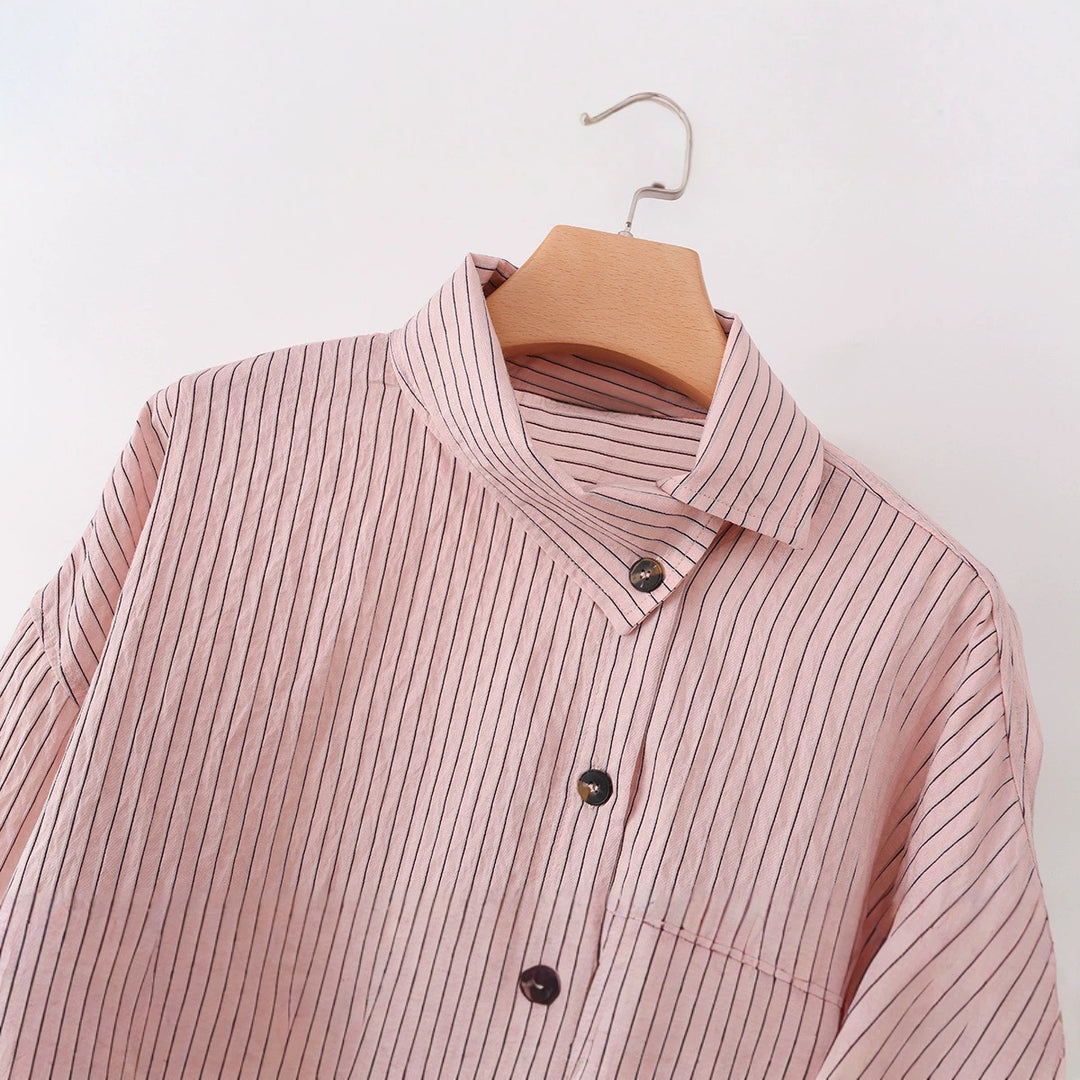 Damen Oversize-Bluse mit Stehkragen, feinen Nadelstreifen und durchgehender Knopfleiste Drune