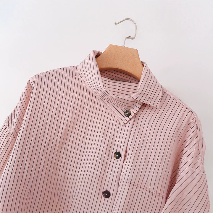 Damen Oversize-Bluse mit Stehkragen, feinen Nadelstreifen und durchgehender Knopfleiste Drune