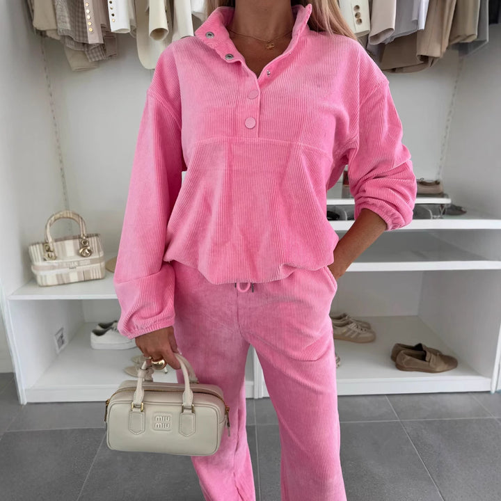 Damen Cord-Lounge-Set mit Henley-Kragen, Knopfleiste und weitem High-Waist-Hose Drune