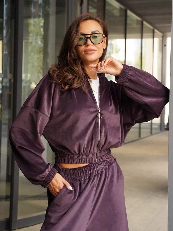 Damen luxuriöser Samt-Trainingsanzug mit geraffter Bomberjacke und High-Waist Jogginghose Drune