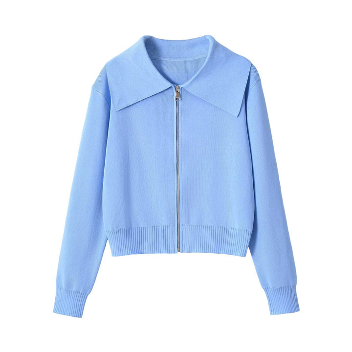 Damen Kurzgeschnittene Strickjacke mit breitem Reverskragen und Reißverschluss Drune