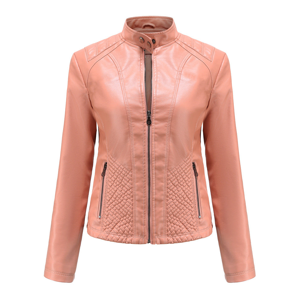Damen nan taillierte Kunstlederjacke im Bikerstil mit Stehkragen und gesteppter Seitenpartie Drune