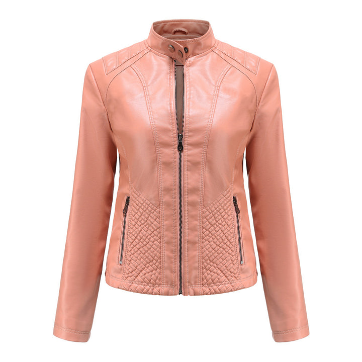 Damen nan taillierte Kunstlederjacke im Bikerstil mit Stehkragen und gesteppter Seitenpartie Drune